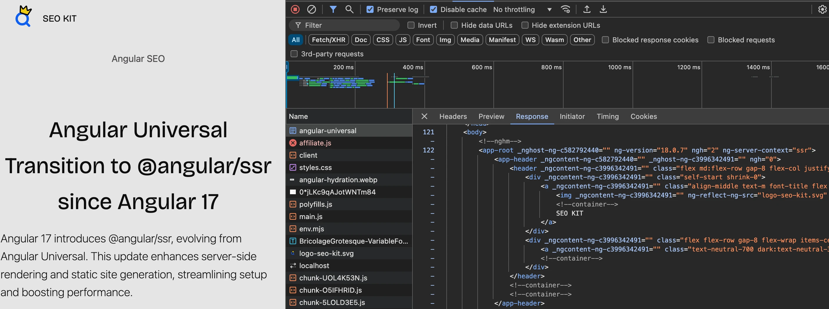 Checking <app-root> content in Chrome DevTools Network